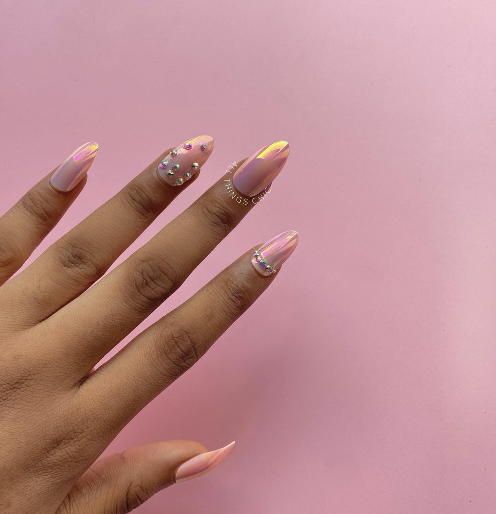Pink Chrome Press on Nails with Rhinestones in Lagos, Nigeria - All Things Chic