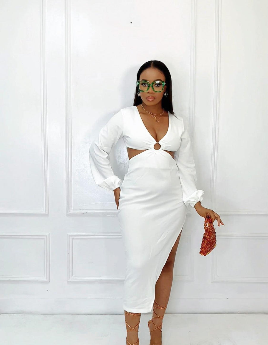 White midi dress with cut out sides in Lagos, Nigeria - All Things Chic